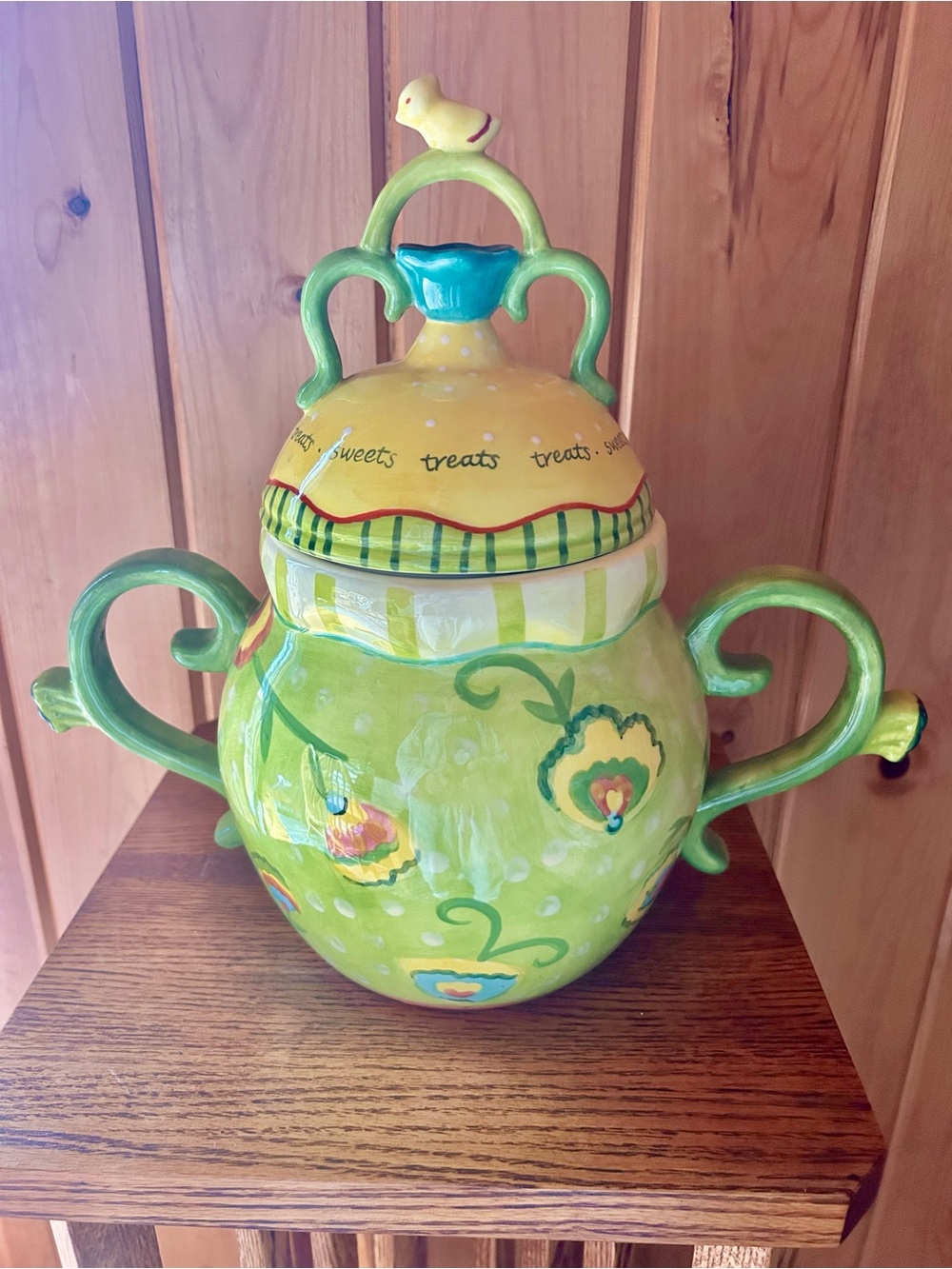 Sweet Large Painted Green Ceramic Cookie Jar with Yellow Lid and Bird Accent